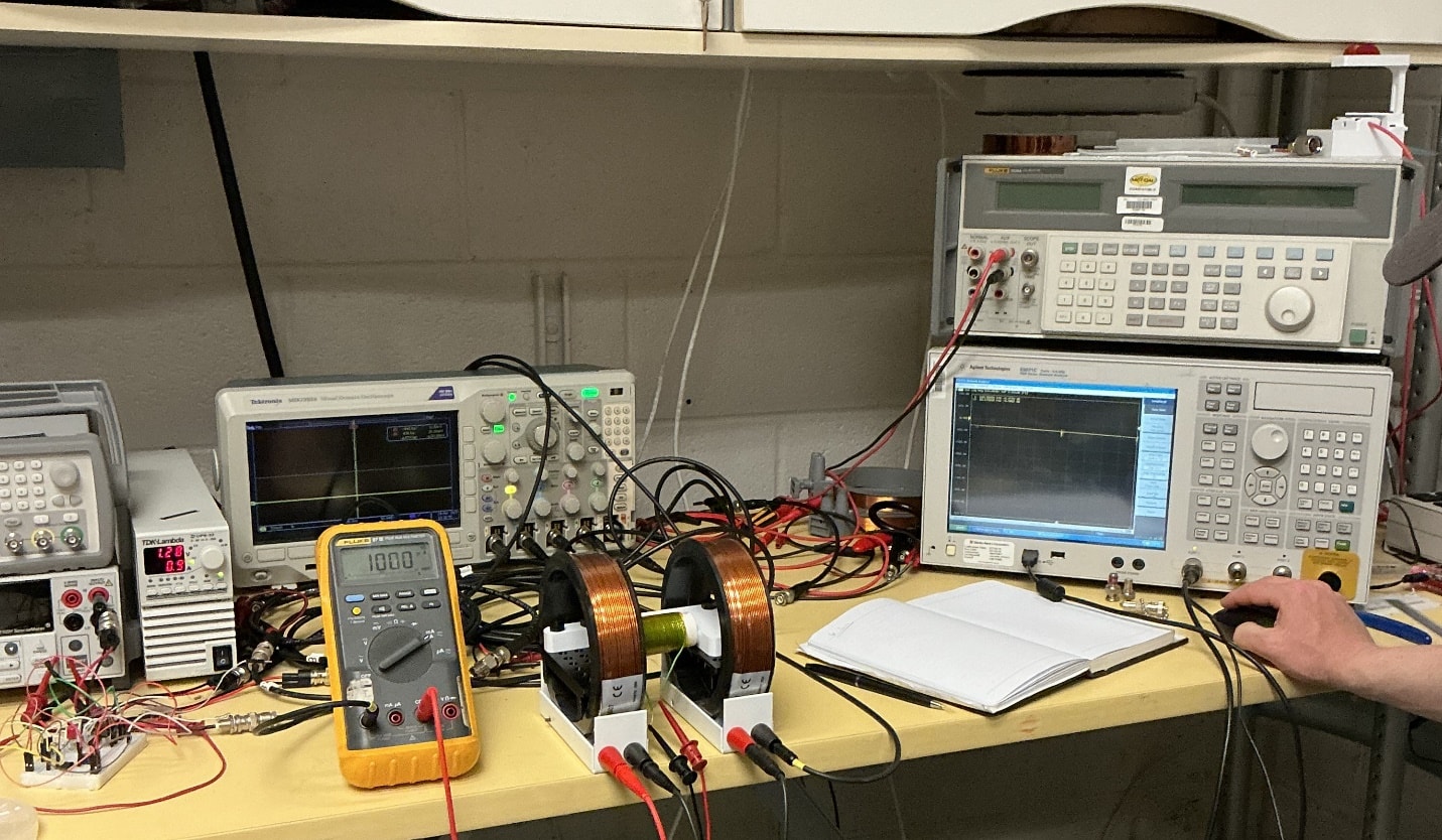 Resonator test bench with Helmholtz coils, a solenoid pickup coil, and a vector network analyzer