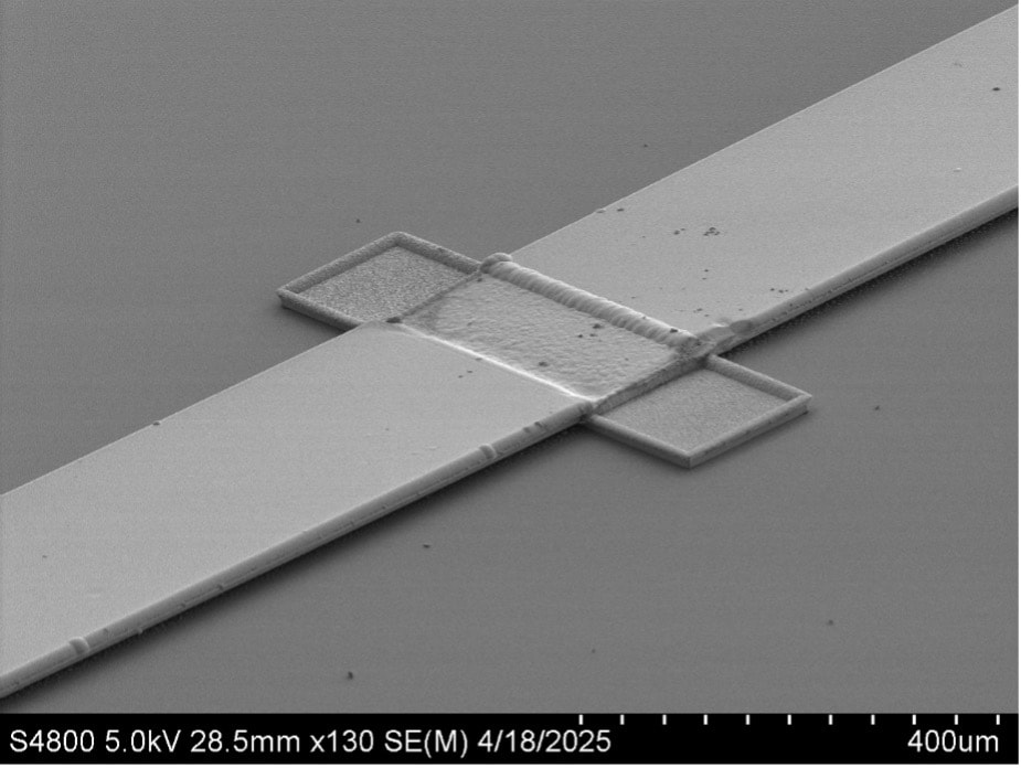 SEM image of a released magnetostrictive MEMS resonator at 130x magnification